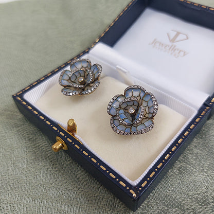 Pale Blue Plique a Jour Enamel and Diamond Flower Earrings