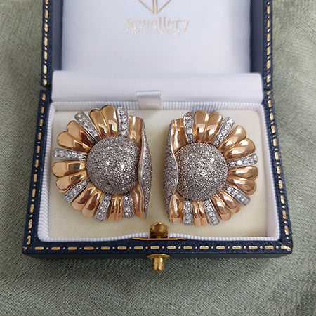 Vintage 1950s Gold and Diamond Flower Earrings, 3.00 carat total