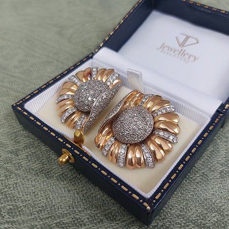 Vintage 1950s Gold and Diamond Flower Earrings, 3.00 carat total