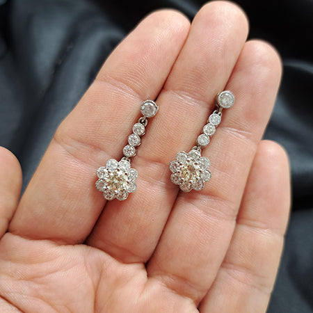 Vintage Diamond Cluster Drop Earrings, 2.10 carat total