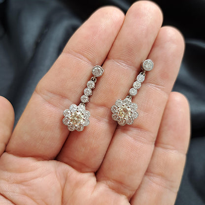 Vintage Diamond Cluster Drop Earrings, 2.10 carat total