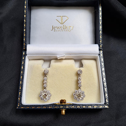 Vintage Diamond Cluster Drop Earrings, 2.10 carat total