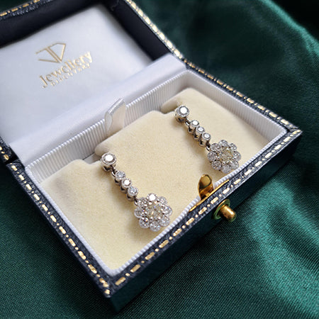 Vintage Diamond Cluster Drop Earrings, 2.10 carat total