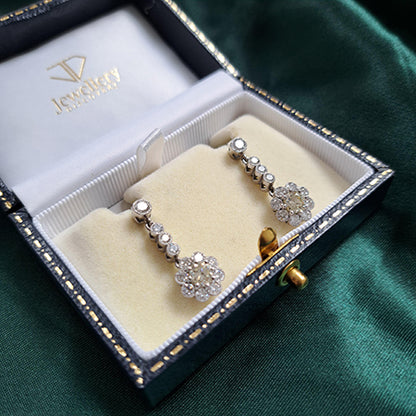 Vintage Diamond Cluster Drop Earrings, 2.10 carat total