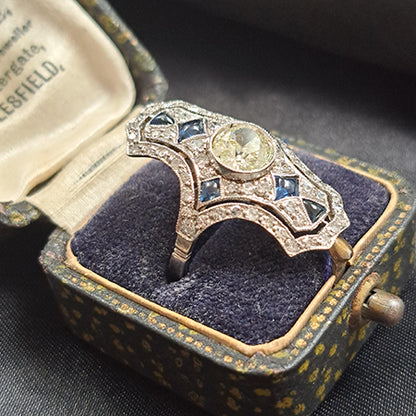 Art Deco Old Cut Sapphire and Diamond Cluster Plaque Ring