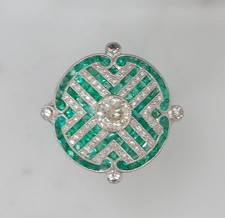 Old Cut Diamond and Emerald Cluster Dress Ring