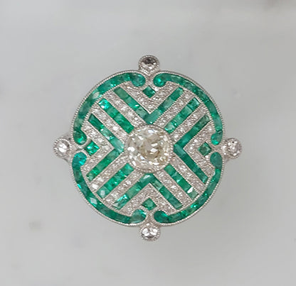 Old Cut Diamond and Emerald Cluster Dress Ring