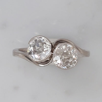 Old Cut Diamond Toi et Moi Crossover Engagement Ring