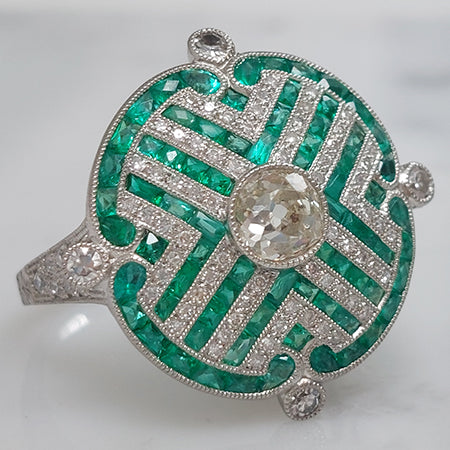 Old Cut Diamond and Calibre Emerald Cluster Dress Ring in Platinum
