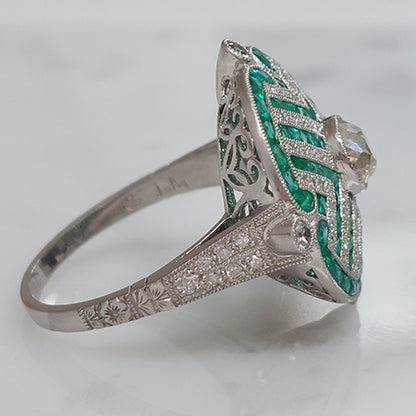 Old Cut Diamond and Calibre Emerald Cluster Dress Ring in Platinum