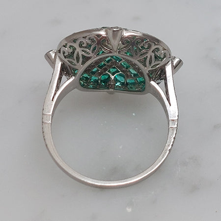 Old Cut Diamond and Calibre Emerald Cluster Dress Ring in Platinum