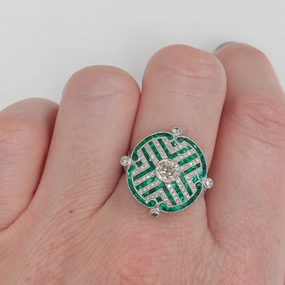 Old Cut Diamond and Calibre Emerald Cluster Dress Ring in Platinum