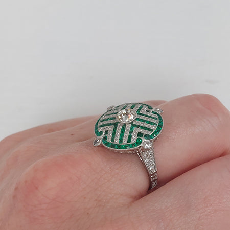 Old Cut Diamond and Calibre Emerald Cluster Dress Ring