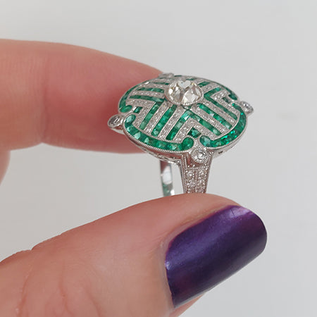Old Cut Diamond and Calibre Emerald Cluster Dress Ring