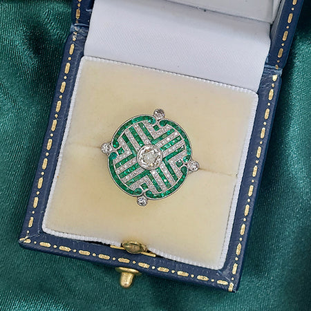 Old Cut Diamond and Emerald Cluster Dress Ring