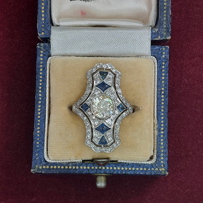 Art Deco 1.50ct Old Cut Sapphire and Diamond Cluster Plaque Ring