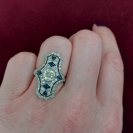 Art Deco Old Cut Sapphire and Diamond Cluster Plaque Ring