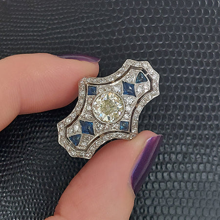 Art Deco 1.50ct Old Cut Sapphire and Diamond Cluster Plaque Ring