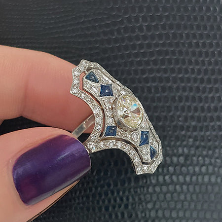 Art Deco 1.50ct Old Cut Sapphire and Diamond Cluster Plaque Ring