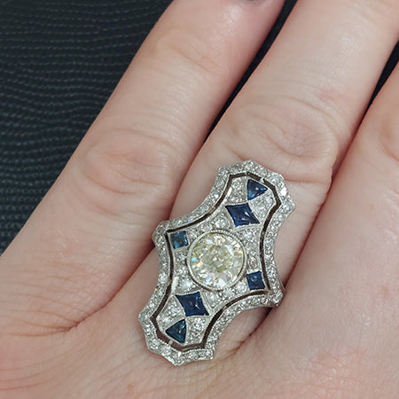 Art Deco 1.50ct Old Cut Sapphire and Diamond Cluster Plaque Ring