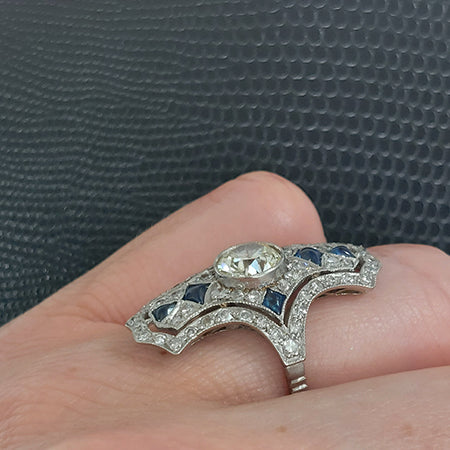 Art Deco 1.50ct Old Cut Sapphire and Diamond Cluster Plaque Ring