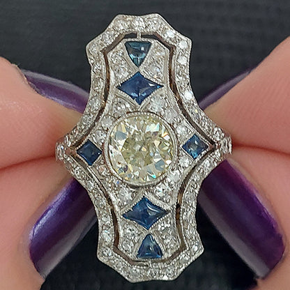Art Deco 1.50ct Old Cut Sapphire and Diamond Cluster Plaque Ring