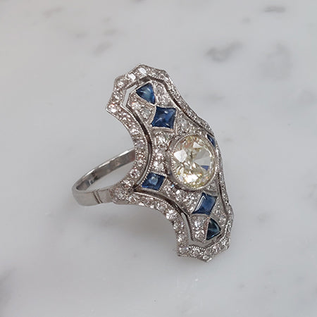 Art Deco 1.50ct Old Cut Sapphire and Diamond Cluster Plaque Ring