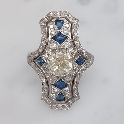 Art Deco 1.50ct Old Cut Sapphire and Diamond Cluster Plaque Ring