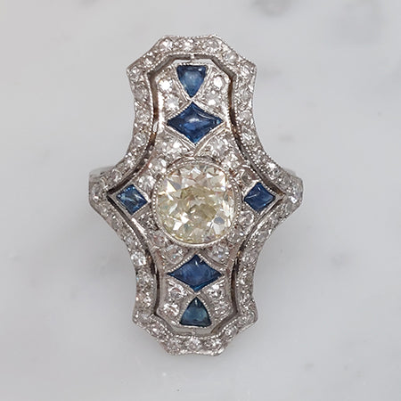 Art Deco 1.50ct Old Cut Sapphire and Diamond Cluster Plaque Ring