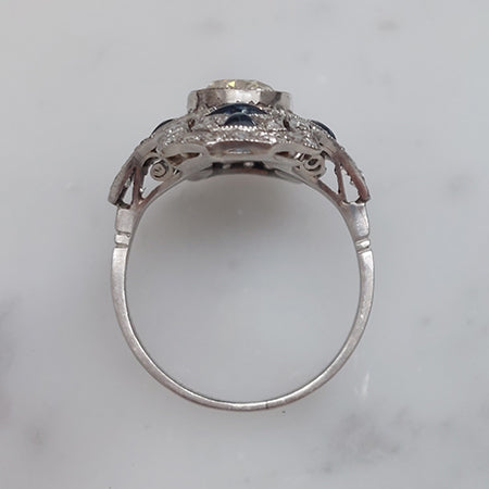 Art Deco Old Cut Sapphire and Diamond Cluster Plaque Ring