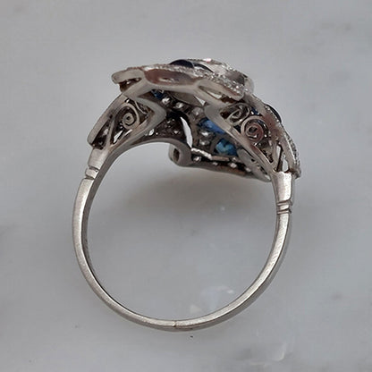 Art Deco Old Cut Sapphire and Diamond Cluster Plaque Ring