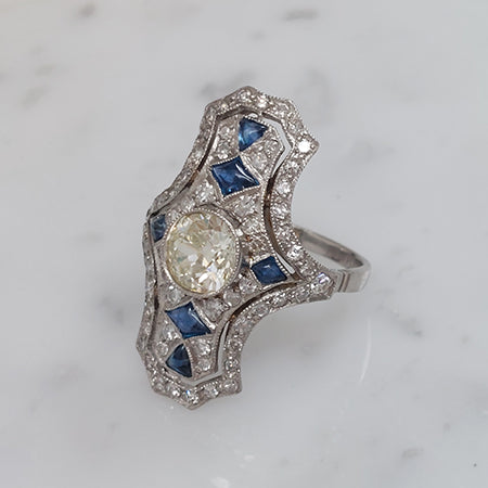 Art Deco Old Cut Sapphire and Diamond Cluster Plaque Ring