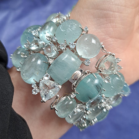 Cabochon and Carved Aquamarine Bracelet, 369 carat total