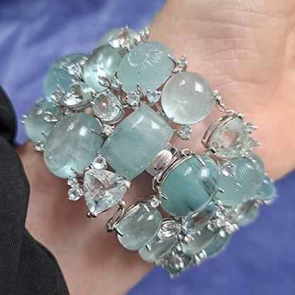 Cabochon and Carved Aquamarine Bracelet, 369 carat total