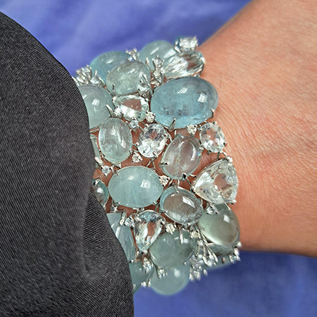 Cabochon and Carved Aquamarine Bracelet, 369 carat total