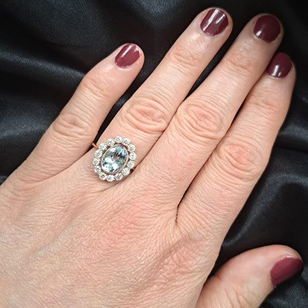 1.70ct Oval Aquamarine and Diamond Floral Cluster Ring