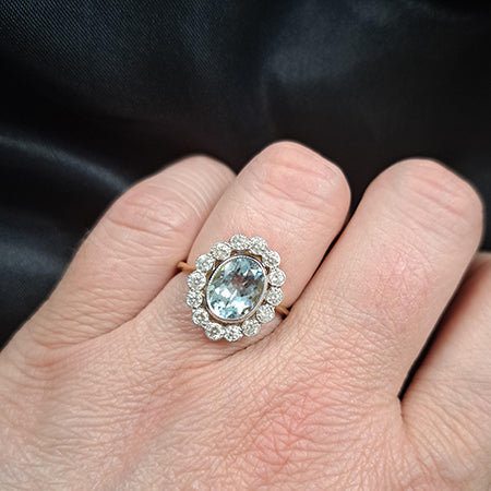 1.70ct Oval Aquamarine and Diamond Floral Cluster Ring