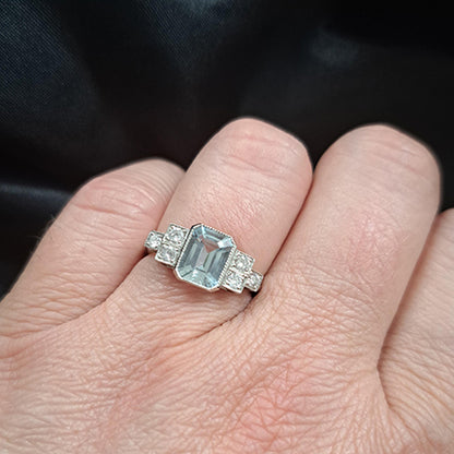 1.30ct Emerald Cut Aquamarine and Diamond Engagement Ring in Platinum