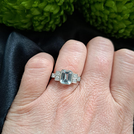 1.30ct Emerald Cut Aquamarine and Diamond Engagement Ring in Platinum