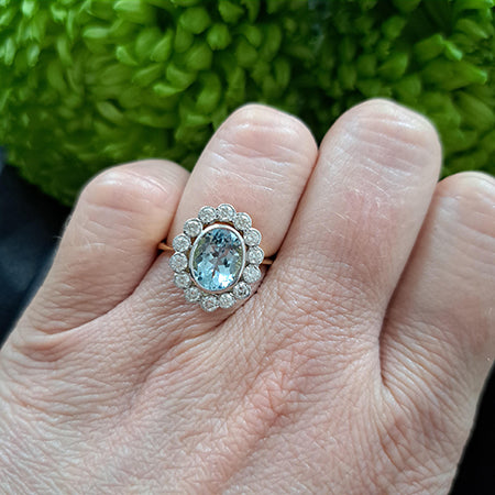 1.70ct Oval Aquamarine and Diamond Floral Cluster Ring