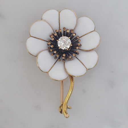 Antique Diamond White Enamel and Gold Flower Brooch