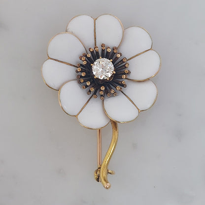Antique Diamond White Enamel and Gold Flower Brooch
