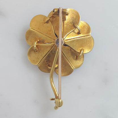 Antique Diamond White Enamel and Gold Flower Brooch