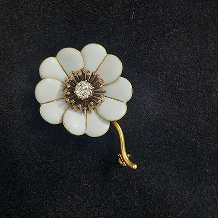 Antique Diamond White Enamel and Gold Flower Brooch