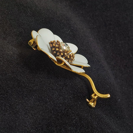 Antique Diamond White Enamel and Gold Flower Brooch