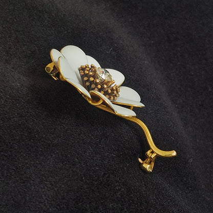Antique Diamond White Enamel and Gold Flower Brooch