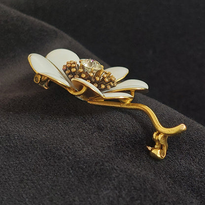 Antique Diamond White Enamel and Gold Flower Brooch