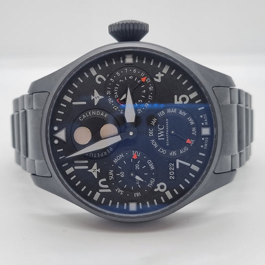 IWC Big Pilot Top Gun Black Ceramic IW503604 Watch, 6240254 black ceramic case black dial with perpetual calendar and moon phase indicator on a Ceratanium IWC bracelet with box and papers