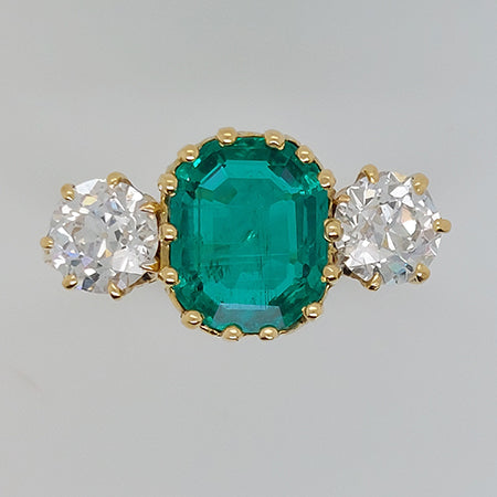 Certified Colombian Emerald and Diamond Three Stone Ring