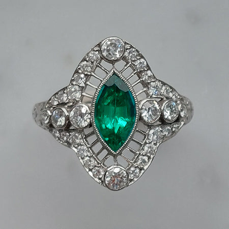 Colombian Emerald and Diamond Navette Cluster Ring